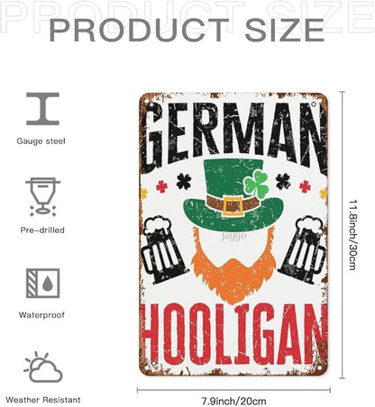 Vintage Tin Wall Decor Sign German Hooligan Germany Shamrock St Patrick'S Days for Home,Garden,Patio,Office,Classroom,Kitchen & More! 8x12 Inches,Retro Metal Art with Funny Quotes