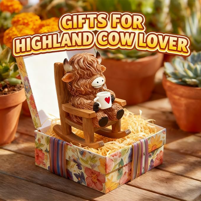 LIULO TOOL Solar Powered Miniature Highland Cow Decor, Fairy Garden Accessories, Outdoor Lights Solar Figures for Outdoor Garden Yard, Gift for Mom Grandma