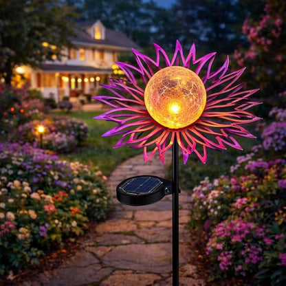 Solar Garden Lights Outdoor Decor, Metal Flower Solar Stake Light with Warm White Crackle Glass, Waterproof Yard Art Ornament for Patio Lawn Backyard, Unique Gardening Gifts for Women (Purple)