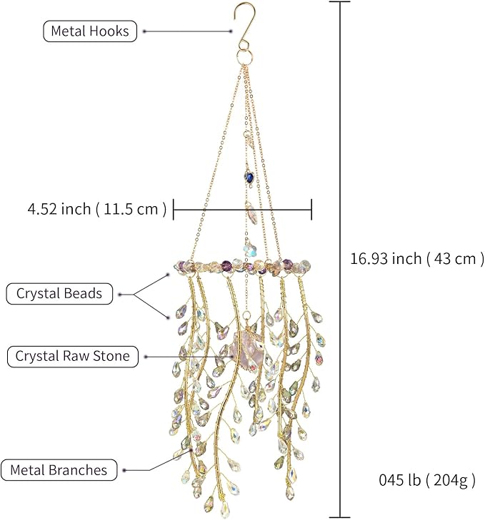 Crystal Hanging Suncatcher with Natural Stone, 16.9 Inch Decorative Wind Chime, Gold Chain & Branch Design (Purple)