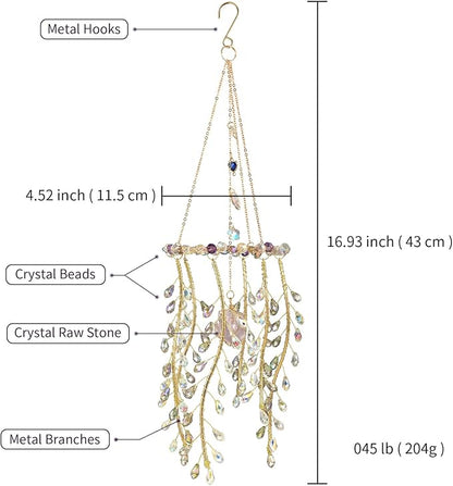 Crystal Hanging Suncatcher with Natural Stone, 16.9 Inch Decorative Wind Chime, Gold Chain & Branch Design (Purple)