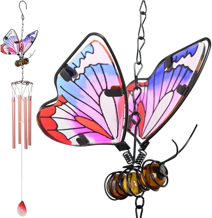 AVEKI Iron Stained Glass Butterfly Wind Chimes - 27.5''H, Pink, Indoor/Outdoor, Home, Garden, Window, Yard, Patio, Lawn Decoration