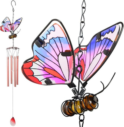 AVEKI Iron Stained Glass Butterfly Wind Chimes - 27.5''H, Pink, Indoor/Outdoor, Home, Garden, Window, Yard, Patio, Lawn Decoration