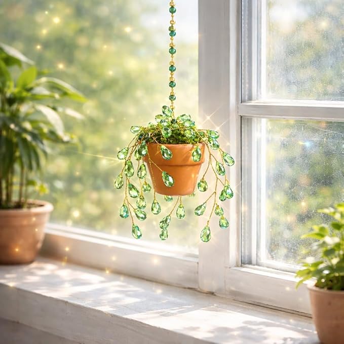 Sun Catchers Indoor Window, Beaded Plant Kit Gifts for Plant Lovers Beaded Succulent Plants Green Waterdrop Beads Suncatchers for Windows Hanging with Chain Home Garden Décor Car Hanging Ornament