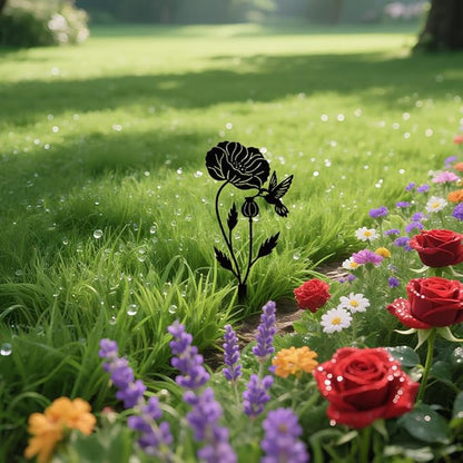 WADORN Hummingbird Poppy Metal Decorative Garden Stakes, Funny Hummingbird Flower Metal Silhouette Statues Bird Flower Garden Ornament Gifts Black Yard Art Decoration for Outdoor Backyard Patio Lawn