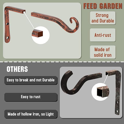 FEED GARDEN 2 Pack 10 Inch Hanging Plant Bracket Wall Hooks Decorative Plant Hangers for Outdoor Hanging Bird Feeders, Wind Chimes, Plant Baskets, Antique Bronze