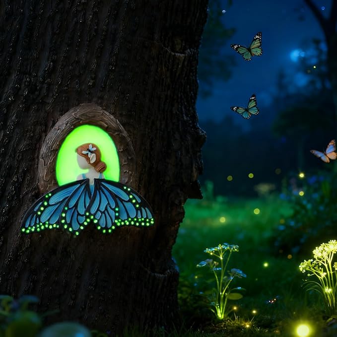 Fairy Out The Window Tree Hugger Garden Statue, Glow in The Dark Resin Fairy Figurine Wall Art Sculpture Outdoor Tree Faces Decor for Patio Lawn Yard Ornaments (Blue)
