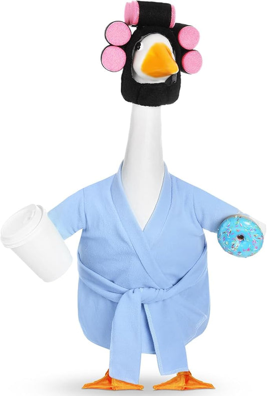 Shyyween Spring Porch Goose Outfits 23 Inch Lady Plastic Porch Goose Outfit Winter Pjs Light Blue Bathrobe Coffee Cup Curlers Cement Concrete Lawn Geese House Summer Statue Clothes
