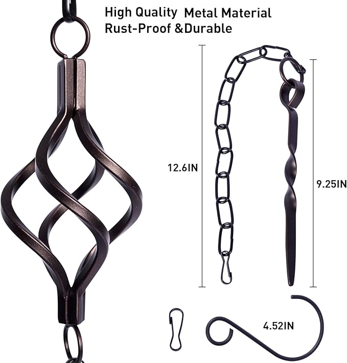 Rain Chain Bird Cage Set 8.5Ft, Not Rust Wrought Iron Rain Chains for Gutters with Adapter Gotta Drain and Sturdy Anchoring Stake,13 Cups, 1 Hook, Adjustable Length for Garden Decorative (Coffee)