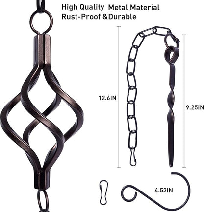 Rain Chain Bird Cage Set 8.5Ft, Not Rust Wrought Iron Rain Chains for Gutters with Adapter Gotta Drain and Sturdy Anchoring Stake,13 Cups, 1 Hook, Adjustable Length for Garden Decorative (Coffee)