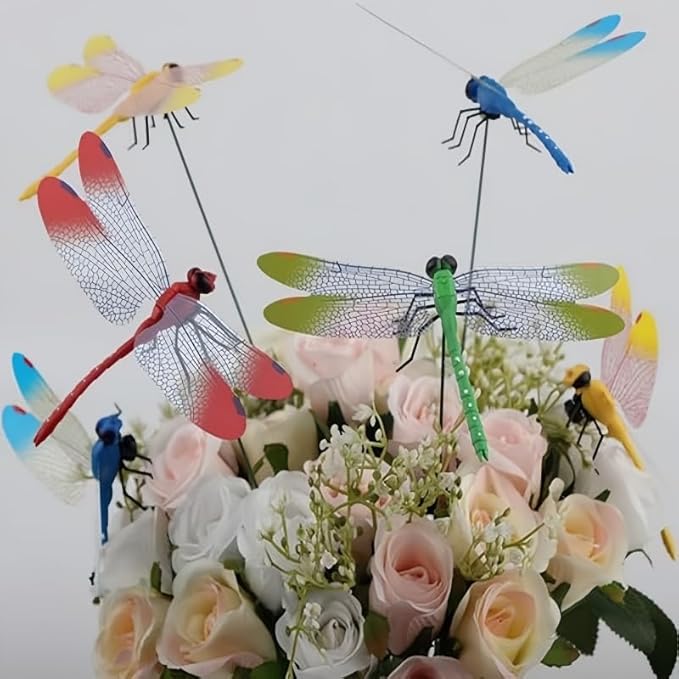 40 Pcs 3D Artificial Dragonfly Stakes Garden Ornaments Dragonfly Garden Decor for Indoor Outdoor Planter Miniature Fairy Garden Decoration,Yellow,Blue,Green,Red