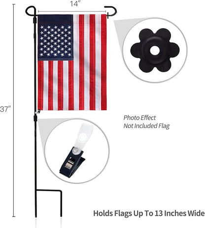 ANLEY Garden Flag Stand - Upgraded Version Reinforced Wrought Iron Garden Flag Pole Holder - Weather Resistant & Easy Assemble & Black Matte Coating - FREE Flag Stopper & Alligator Clip - H37" x W14"