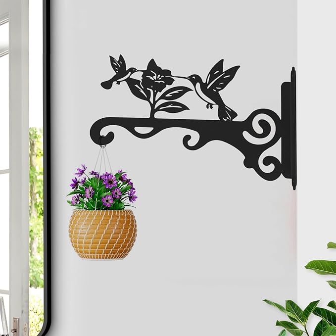 Elegant Bird Pattern Wall Hooks - 10/12/14 Inch Metal Plant Hangers for Indoor & Outdoor - Rust-Resistant Bracket for Plants, Feeders, Chimes, Lanterns (2, Black, 12 inch)