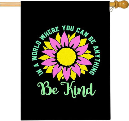 Mugod Be Kind Sunflower House Flag 28x40 Inch, Inspirational Kindness Floral Quote Design, Double Sided Burlap Yard Flag, Farmhouse Outdoor Porch Garden Decor