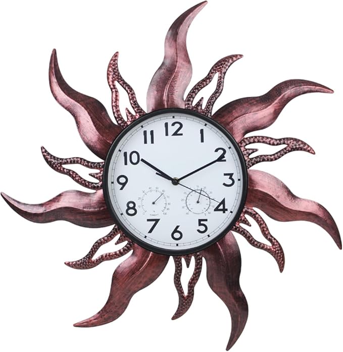 Large Outdoor Clock with Thermometer & Humidity - Silent Non-Ticking Sun Outdoor Wall Clock for Patio, Garden, Kitchen, Living Room(Brown)