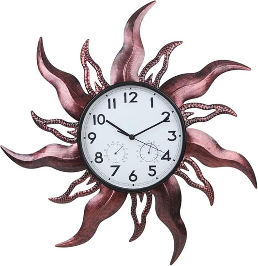 Large Outdoor Clock with Thermometer & Humidity - Silent Non-Ticking Sun Outdoor Wall Clock for Patio, Garden, Kitchen, Living Room(Brown)