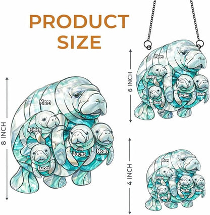 Personalized Manatee Family Acrylic Sun Catcher Ornament Gift for Grandma Mom, Custom Kids Names Window Decor, Heartfelt Gifts for Mimi Nana from Grandkids, Family Window Hanging Decor