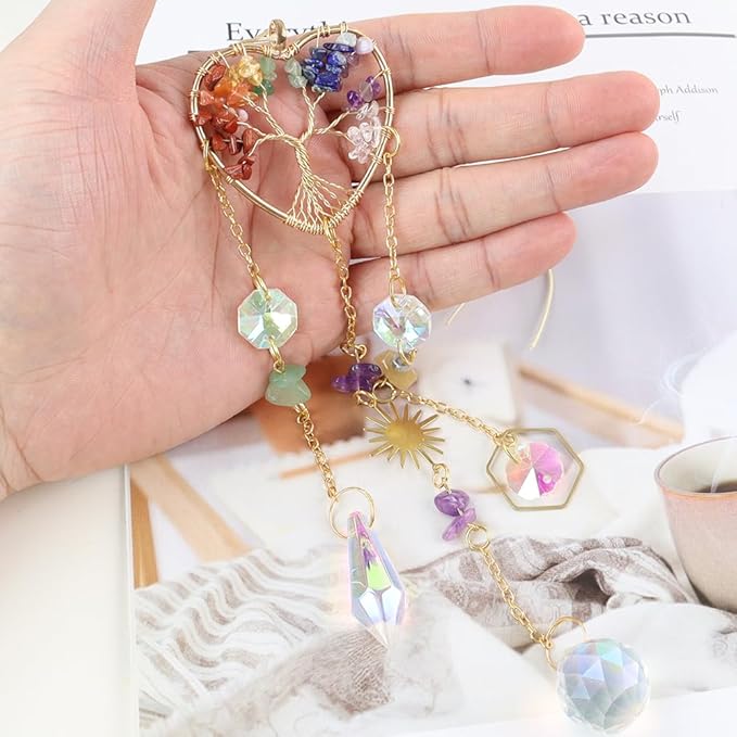 Crystal Sun Catcher, Heart 7 Chakra Tree of Life Crystal Suncatcher Hanging for Indoor Window, Dream Catchers for Car, Spiritual, Rainbow Maker