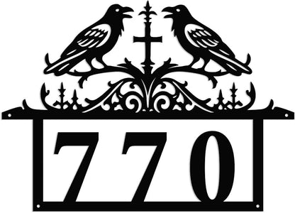 Personalized Gothic House Number metal Signs,Custom Address Number Metal Wall Art Decor,Black Plaques Outdoor wall Decorative Signage,Shed(8-30 Inches) (Crow A)