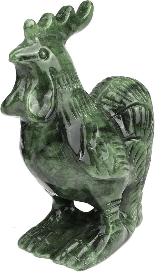 Real Jade Rooster Statue - 3.8 Inch Hand-Carved Gemstone Sculpture, Feng Shui Lucky Animal Figurine for Home/Garden/Office Decor