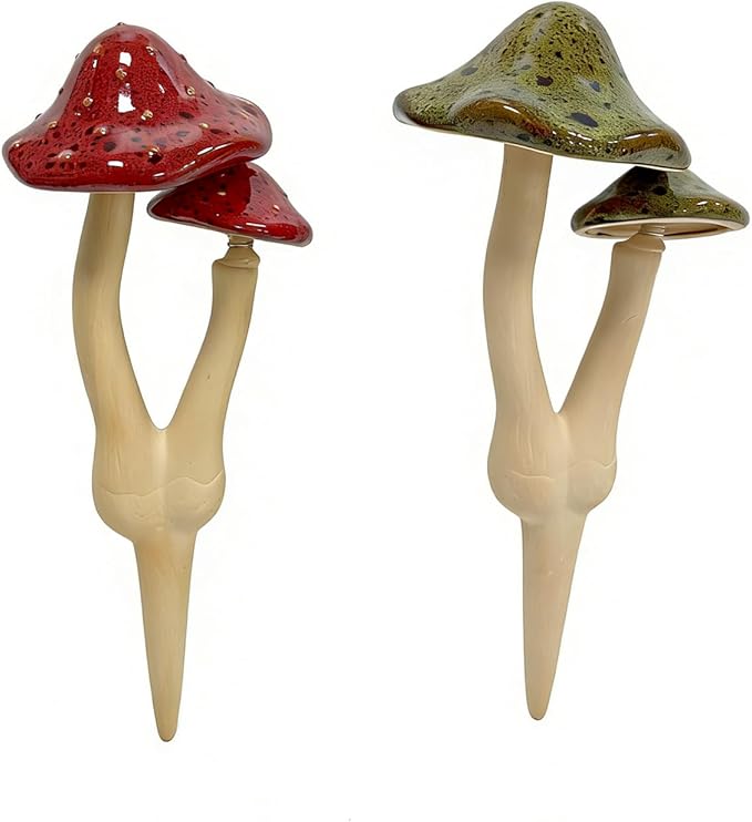 2pcs Ceramic Mushroom Garden Stake, Fairy Garden Figurines Decoration,Yard Outdoor Mushroom Decor, 11.8" in Height