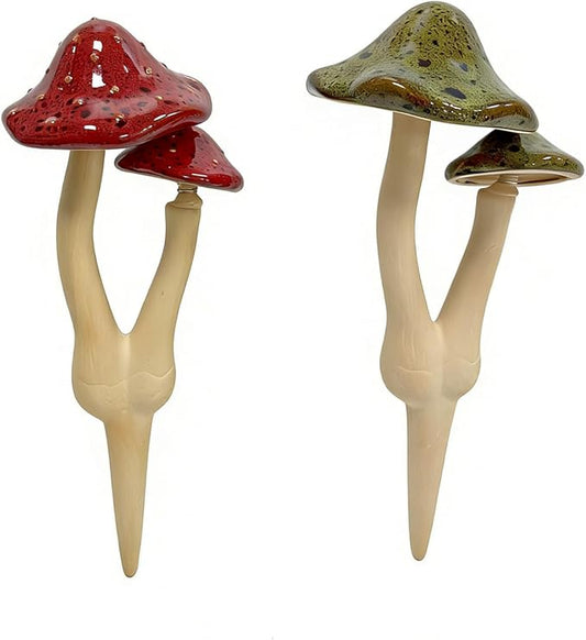 2pcs Ceramic Mushroom Garden Stake, Fairy Garden Figurines Decoration,Yard Outdoor Mushroom Decor, 11.8" in Height