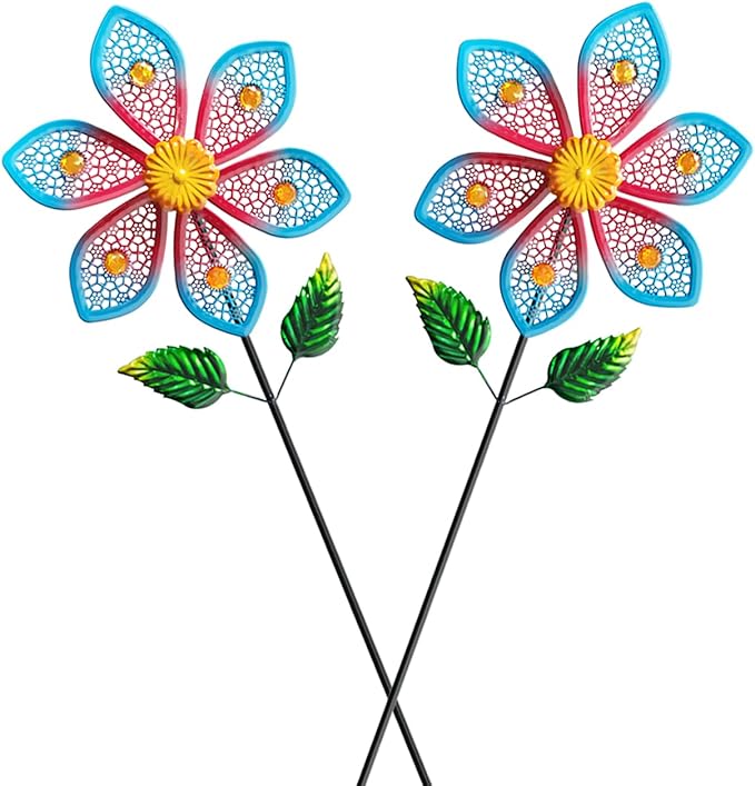 2 Pack Metal Wind Spinners for Garden Decor - Outdoor Windmill Sculptures, Durable Yard Art Wind Spinners Metal Wind Spinner for Patio Lawn Ornament, Vibrant Red & Blue Garden Spinners