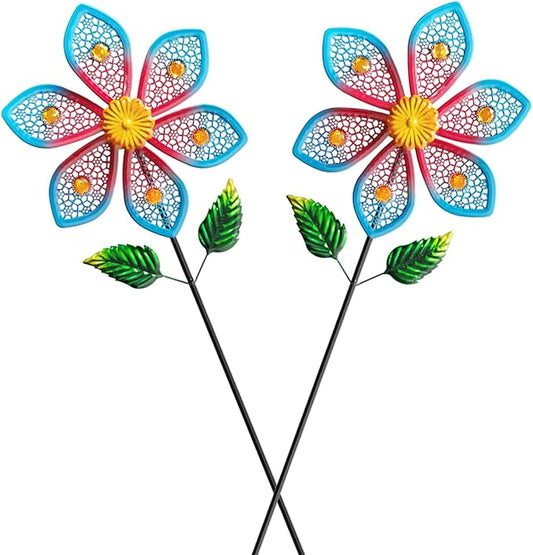 2 Pack Metal Wind Spinners for Garden Decor - Outdoor Windmill Sculptures, Durable Yard Art Wind Spinners Metal Wind Spinner for Patio Lawn Ornament, Vibrant Red & Blue Garden Spinners
