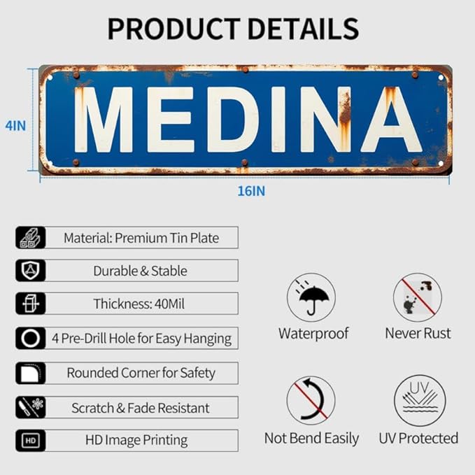 MEDINA Street Tin Sign 16 * 4 Inches, Vintage Decor for Home Outdoor Sign Patio Bar, Cool Wall Art Beachy Decor Retro Home Decor