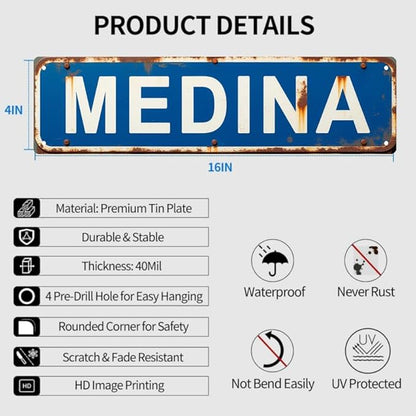 MEDINA Street Tin Sign 16 * 4 Inches, Vintage Decor for Home Outdoor Sign Patio Bar, Cool Wall Art Beachy Decor Retro Home Decor