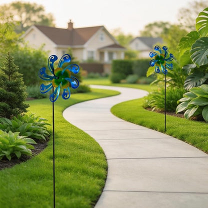 2 Packs Outdoor Metal Wind Spinner, Blue Wind Sculptures Windmill with Stake,Kinetic Yard Art Decor Pinwheels for Garden Outside Patio Lawn