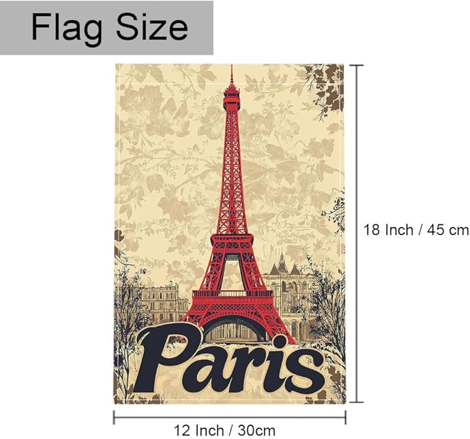 Gkyygk Paris Eiffel Tower Welcome Garden Flag Vintage Floral 12x18 Inch Double Sided Small Burlap Banners Yard House Seasonal Farmhouse Home Decor for Men Women