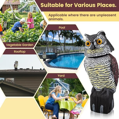 Fake Owl Decoys to Scare Birds Away, Waterproof 360° Rotating Head Hawks & Squirrel Deterrent, Garden Owl Decoy for Outdoor Yard Patio Pools
