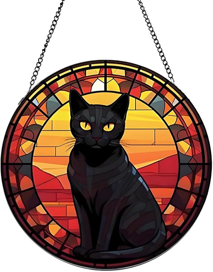 Black Cat Stained Glass Window Hanging,7.87’’ Stained Glass Suncatcher for Window for Cat Lovers,Hanging Ornaments Round Women Gifts for Family Friends, Housewarming Gift (B Style)