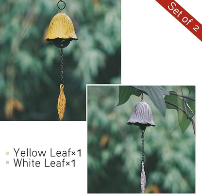 Set of 2, Japanese Traditional Lucky Small Wind Chimes for Outside, Iwachu Cast Iron Bless Wind Bell Memorial Wind Chimes Outdoor for Good Luck Garden, Patio, Balcony(Yellow and White Leaf