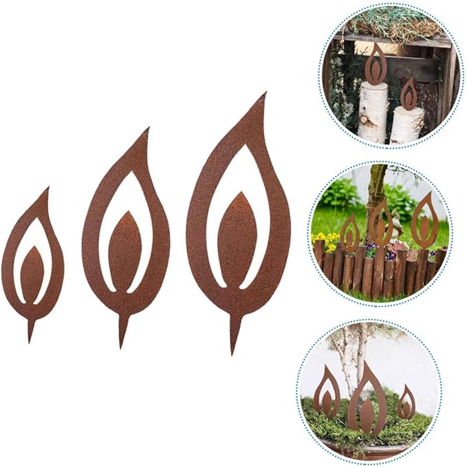 Cabilock 3pcs Metal Candle Flame Stake Rustic Iron Garden Decor for Outdoor Spaces Vintage Aesthetic Lighting for Patios and Gardens Weather-Resistant Design