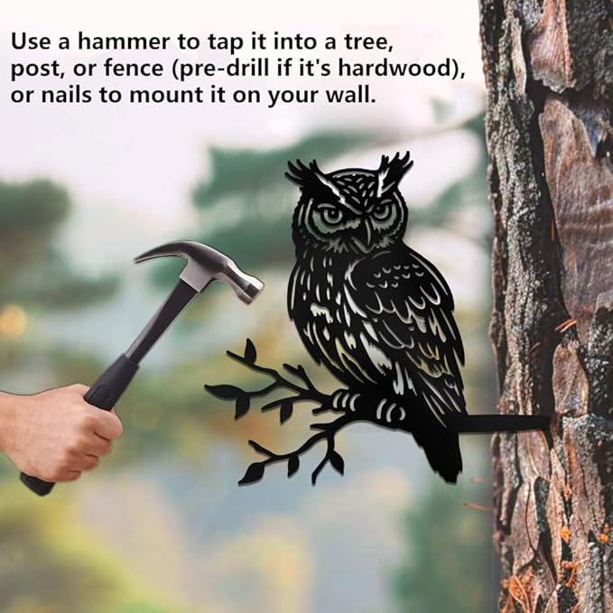WADORN Owl on Branch Metal Yard Art Decor, Owl Bird Stainless Steel Outdoor Tree Silhouette Stake for Tree Yard Garden Patio Animal Outdoor Decor Gift for Housewarming Home Art Decor