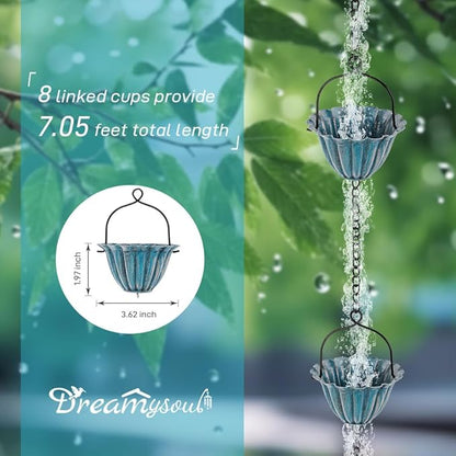 dreamysoul 7.05 FT Blue Rain Chain, 8 Cups Rain Chains for Outside, Replacement Downspout for Gutters, Eaves Drainage