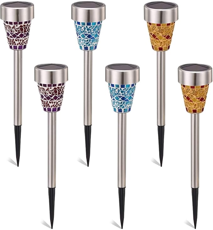6-Pack Solar Mosaic Border Lawn Garden Lights, LED Mosaic Stake Lights Pathway Landscape Lighting for Patio Walkway Driveway Outdoor Christmas Garden Home Decoration (Multicolor)