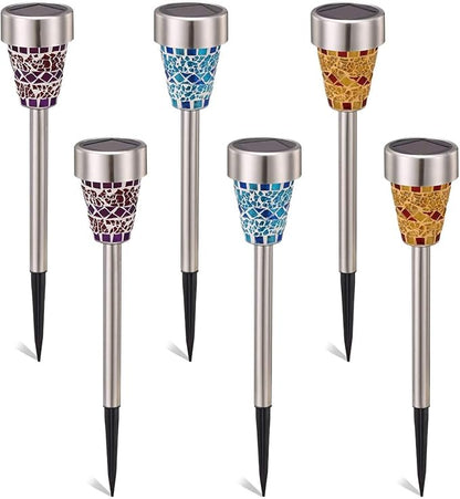 6-Pack Solar Mosaic Border Lawn Garden Lights, LED Mosaic Stake Lights Pathway Landscape Lighting for Patio Walkway Driveway Outdoor Christmas Garden Home Decoration (Multicolor)