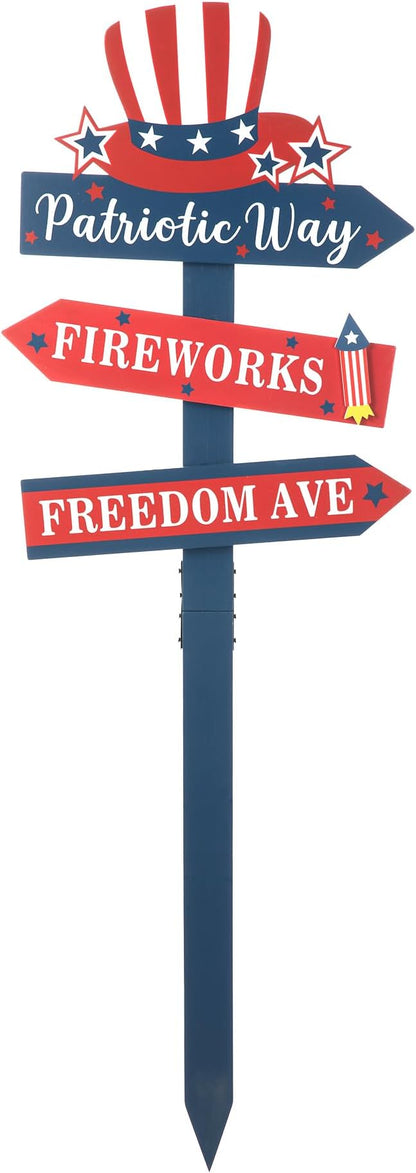 Glitzhome 36" H Patriotic Yard Stake,American Wooden Top Hat Word Sign Yard Stake 4th July Garden Yard Welcome Signs Independence Day Indoor Outdoor Decorations