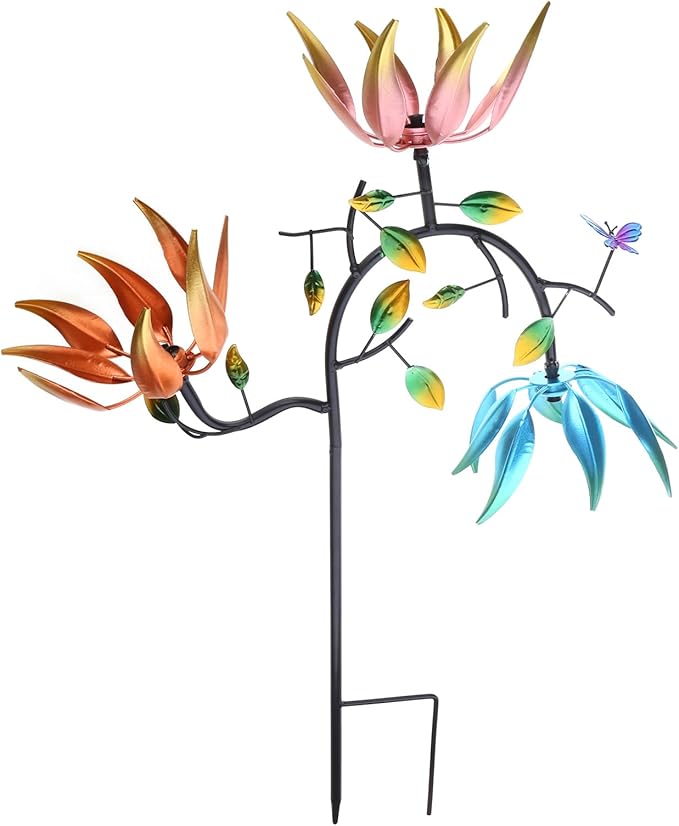 Colorful for Garden Outdoor Large Sculpture Stake Metal Wind Spinner with Flower Butterflies 18x7x49''