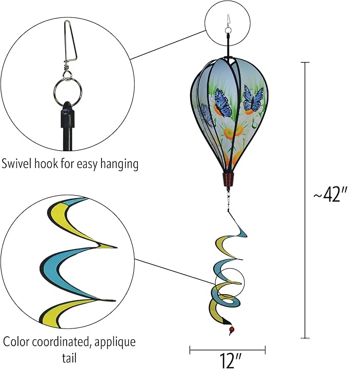 In the Breeze Blue Karner Butterfly 6-Panel Kinetic Hot Air Balloon Wind Spinner,Blue Butterfly,11" W x 17" H, 26" Tail,1057