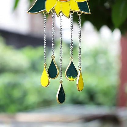 Sunflower Wind Chimes Ornaments, Stained Glass Dripping Sunflower Pendant Window Hanging Panel Decoration with Chain, Flower Wind Chimes Art Decorations for Garden Patio Decor