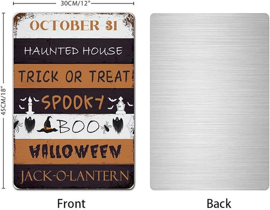 October 31 Happy Halloween Trick Or Treat Be Ware Spooky Ghost Aluminum Tin Metal Sign for Indoor Outdoor Business Retail Store Patio Yard Home Decor Wall Art Print Poster 12"x18"
