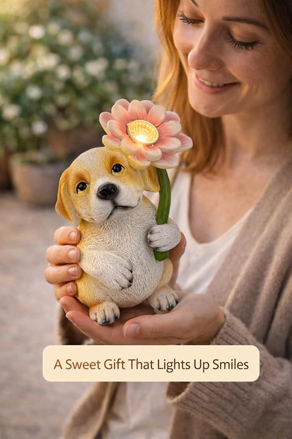 GoGnome Solar Dog Garden Statue with LED Flower – Hand-Painted Resin Puppy Figurine, Solar Powered Outdoor Garden Decor, Auto On/Off Yard Light Gift (Puppy)