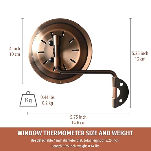 4-Inch Brass Analog Outdoor Thermometer & Humidity Gauge - Easy Install Battery-Free Wall Mount, Window Readable for Patio Garden Garage