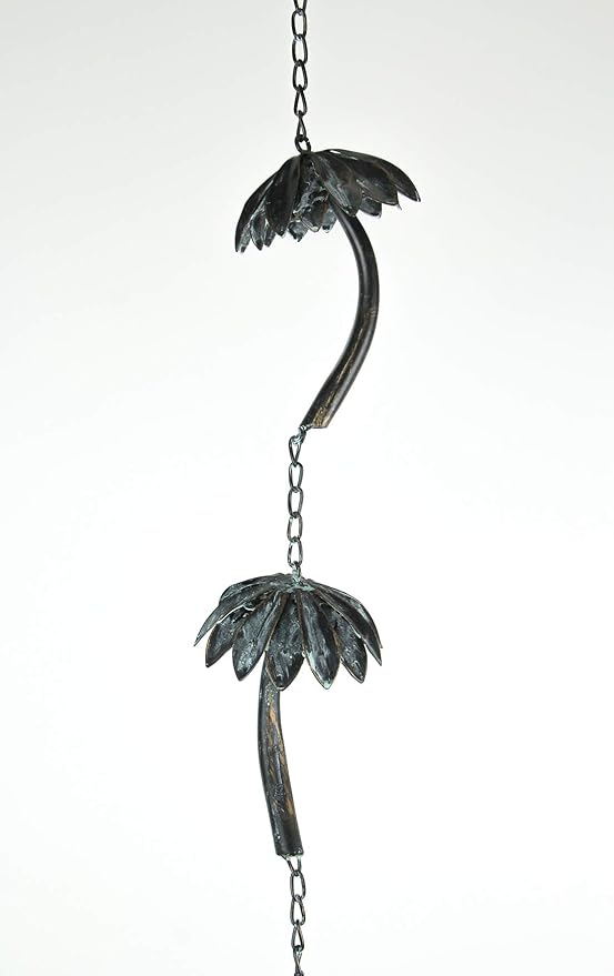 Bronze Finish Metal Tropical Palm Tree Rain Chain with Attached Hanger, Ideal for Collecting Rainwater, Beautiful 72-Inch Long Decorative Accent for Gardens and Patios