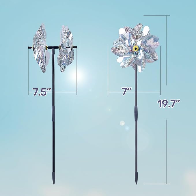 BATTIFE Reflective Pinwheels for Yard and Garden, Pre-Installed Sparkly Blind Birds Pin Wheel, Scare Birds & Animal Away Wind Spinner, 6 Pack (Silver Double-Sides)