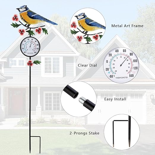 Hummingbird Outdoor Thermometer, 35" Tall No Battery Needed Outside Thermometer with Garden Stake, Indoor Wall Thermometer for Yard Patio Decor